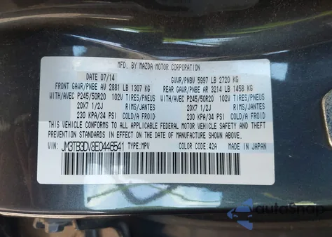 2014 Mazda Cx-9 Grand Touring z USA, uszkodzony, nr VIN JM3TB3DV8E0446541